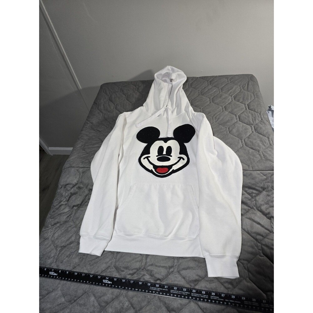 Disney Mickey Mouse White Hoodie M Crochet Embroidered Patch Fleece MYSJUK2-3L52